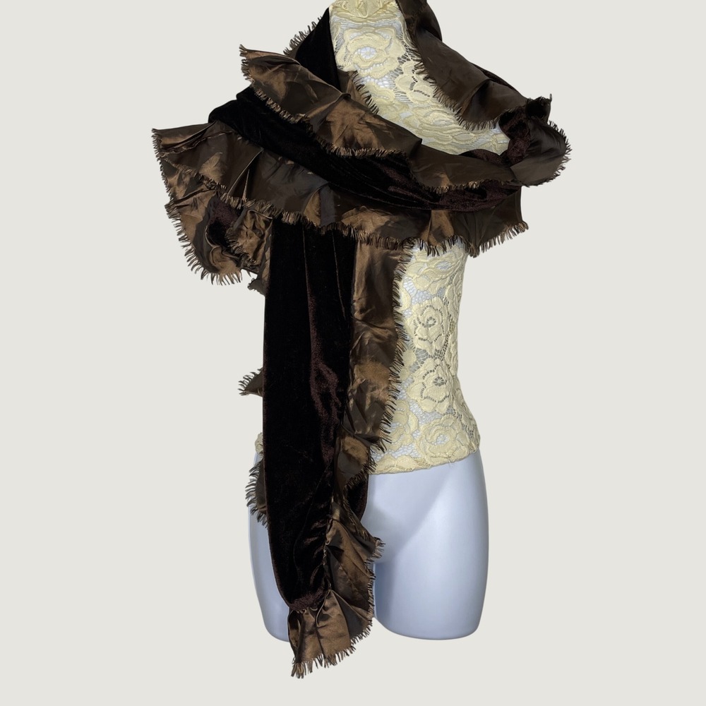 Ruffle Scarf Women OS Brown Velvet Satin Fringed Wrap Victorian Goth